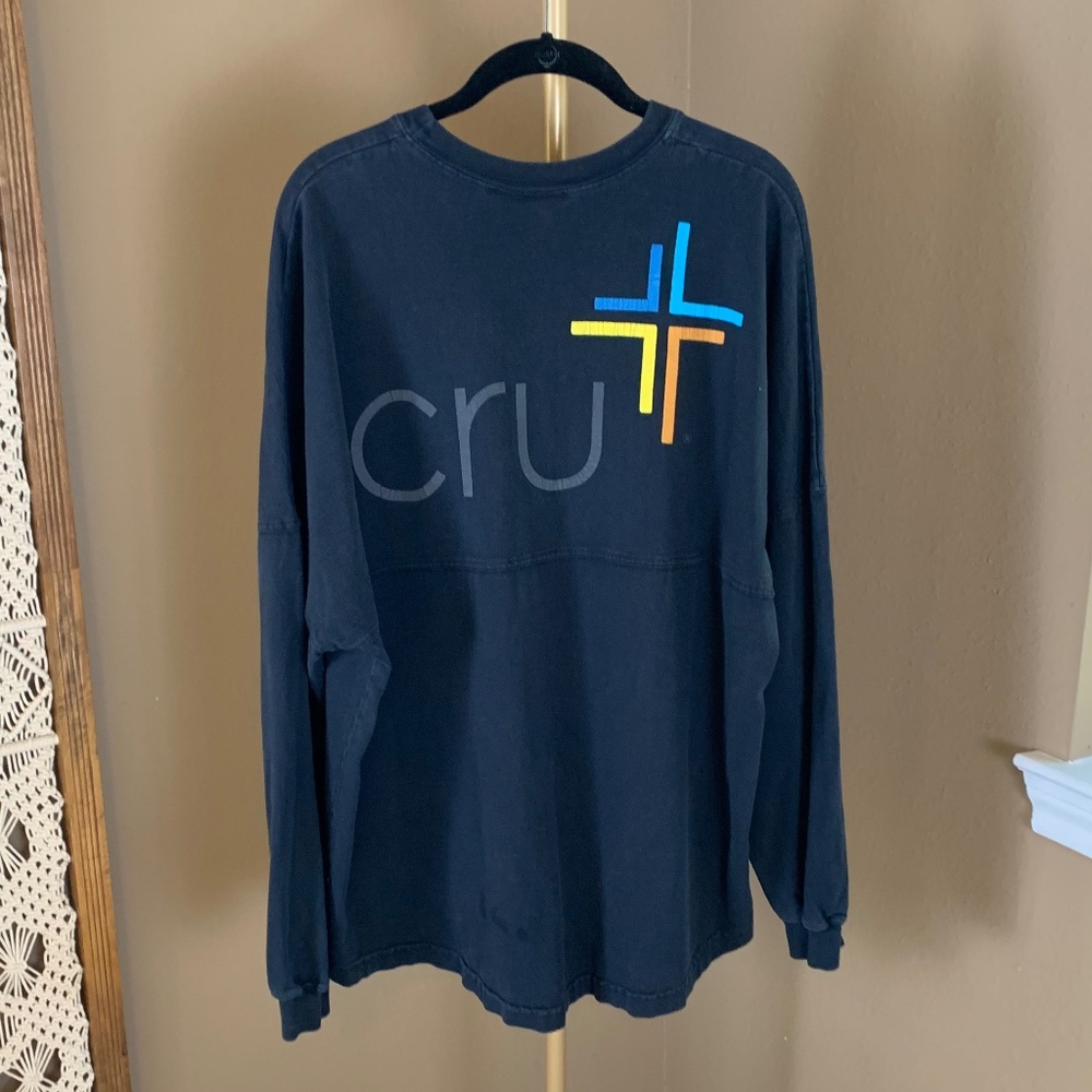 Spirit Cru Long Sleeve Tee Size‎ L - Bold Cross Graphic Navy 100% Cotton